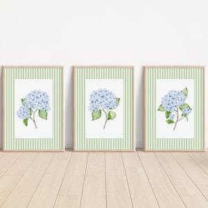 Blue Hydrangea Set of 3, Hydrangea Print, Hydrangea Wall Art, Hydrangea Painting, Grandmillenial Art, Chinoiserie Wall Art, Preppy Stuff