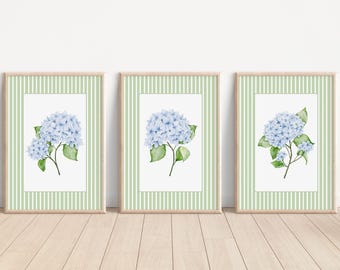 Blaue Hortensie 3er Set, Hortensie Druck, Hortensien Wandkunst, Hortensie Malerei, Grandmillenial Art, Chinoiserie Wandkunst, Preppy Stuff