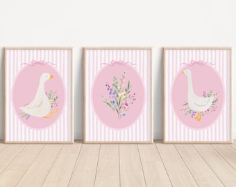 3-Set Vintage Goose Floral Nursery Print, Pink Striped Nursery, Baby Girl Nursery, Silly Goose Print, Vintage Duck Print, Farm Nursery Decor