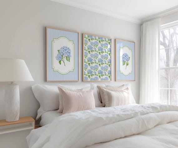Blue Hydrangea Wall Art Set of 3, Grandmillennial Botanical Prints, Preppy Stripe Floral Decor, French Country Chinoiserie Gallery Wall