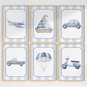 6-Set Vintage Travel Nursery Prints, Airplane Nursery, Blue Nursery Decor, Baby Boy Nursery, Vintage Transportation Nursery, Playroom Prints
