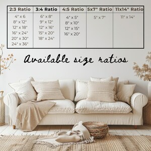 May include: A living room scene with a white sofa, beige throw pillows, and a woven rug. Above the sofa, a chart displays available size ratios for prints, including 4" x 6", 8" x 12", and 12" x 18" sizes.