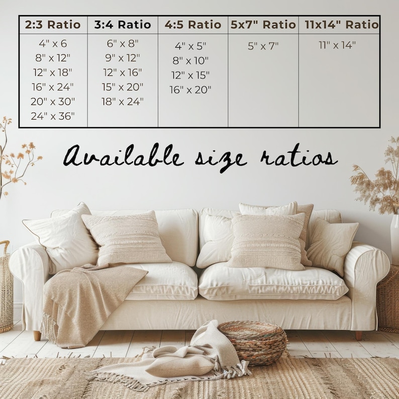 May include: A living room scene with a white sofa, beige throw pillows, and a woven rug. Above the sofa, a chart displays available size ratios for prints, including 4" x 6", 8" x 12", and 12" x 18" sizes.