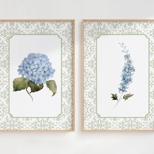 2-Set Blue Hydrangea Prints, Blue Hydrangea Wall Art, Hydrangea Painting, Chinoiserie Wall Art, Preppy Stuff,Modern Southern Floral Wall Art