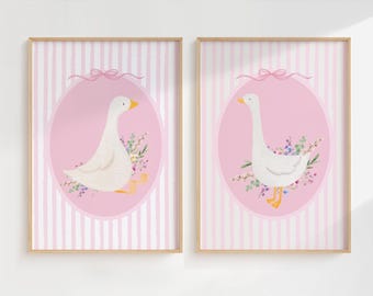 2-Set Vintage Goose Floral Nursery Print, Pink Striped Nursery, Baby Girl Nursery, Silly Goose Print, Vintage Duck Print, Farm Nursery Decor