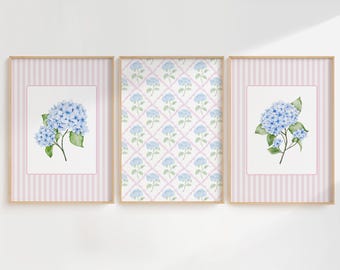 Vintage Hydrangea Wall Art, Coquette Floral Print, Preppy Dorm Decor, Coastal Cowgirl Aesthetic, Blue Floral Poster, College Girl Room Decor