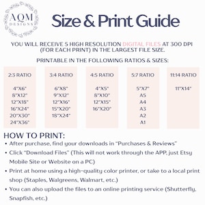 May include: Size and Print Guide with print sizes and ratios. Includes 2:3, 3:4, 4:5, 5:7, and 11:14 ratios with corresponding inch measurements. Instructions on how to print are also included.