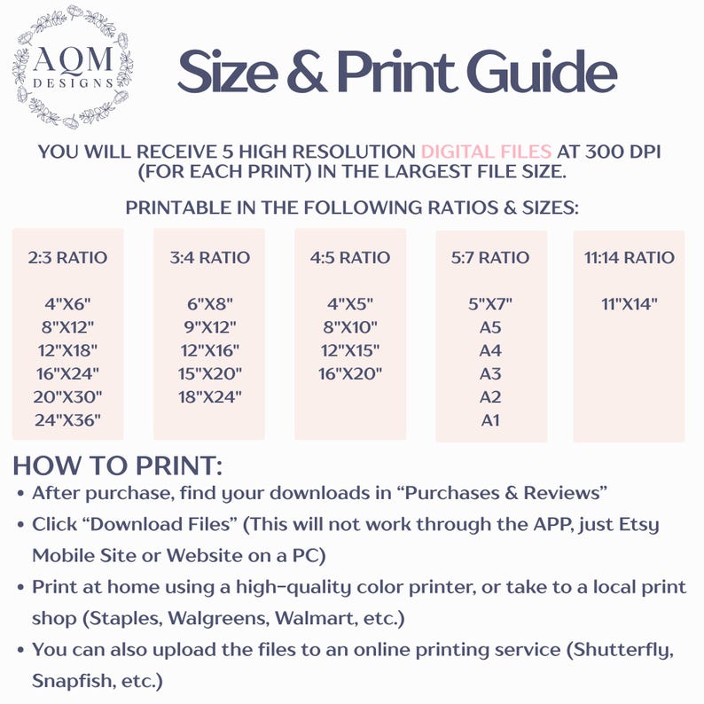 May include: Size and Print Guide with print sizes and ratios. Includes 2:3, 3:4, 4:5, 5:7, and 11:14 ratios with corresponding inch measurements. Instructions on how to print are also included.