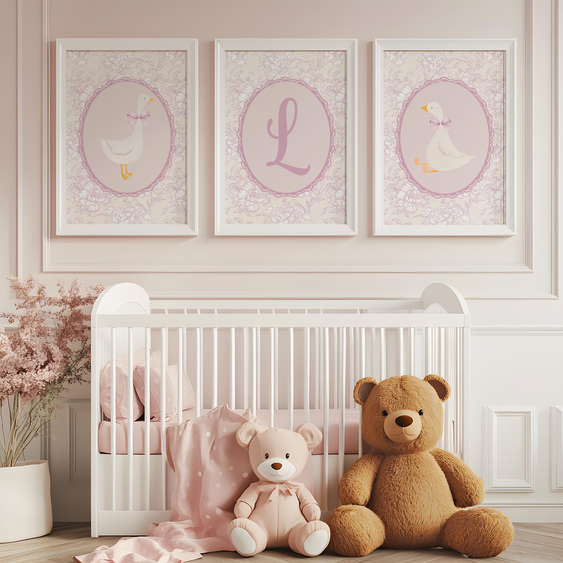 Set of 3 Custom Initial Pink Goose Nursery, Chinoiserie Wall Art, Coquette Print, Personalized Initial Wall, Silly Goose, Woodland Whimsy