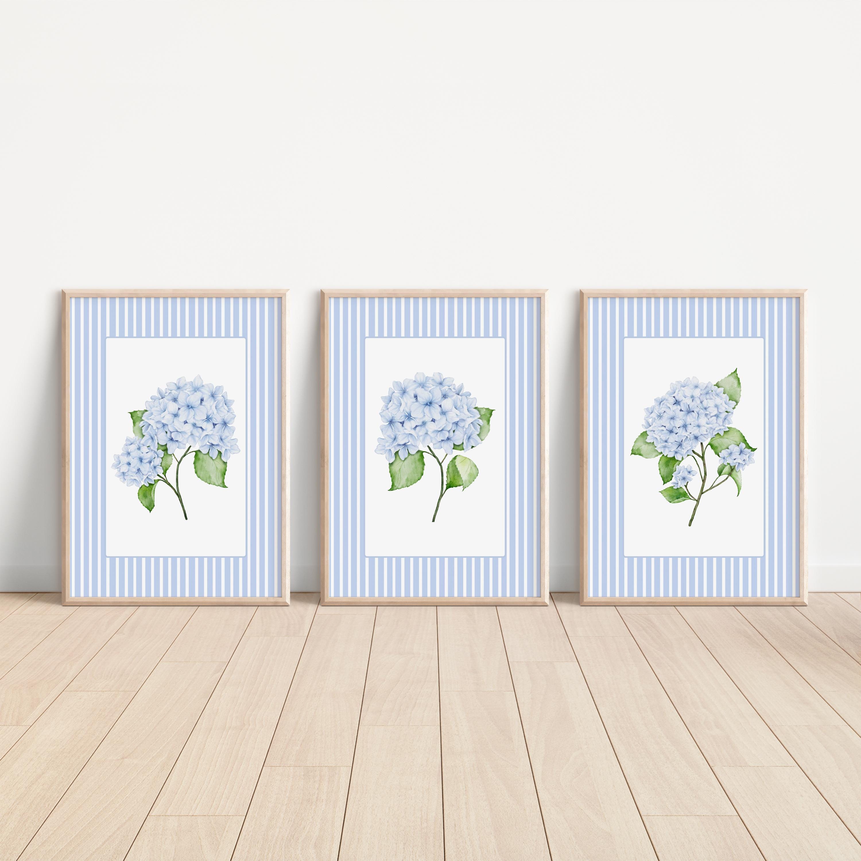 Blue Hydrangea Set of 3, Hydrangea Print, Hydrangea Wall Art, Hydrangea Painting, Grandmillenial Art, Chinoiserie Wall Art, Preppy Stuff