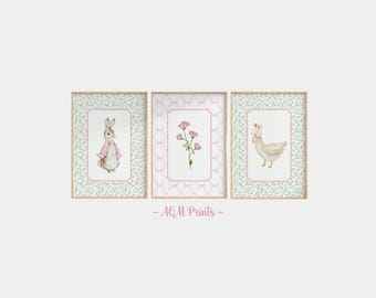 3-Set Peter Rabbit Silly Goose Print, Farm Nursery Decor, Vintage Nursery, Beatrix Potter, Peter Rabbit Prints, Pink Girl Nursery Decor