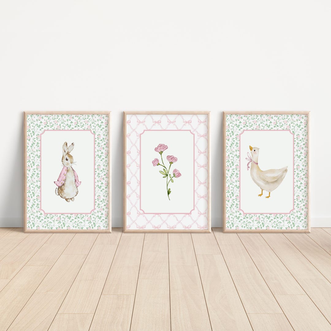 Vintage Nursery Wall Art Set of 3, Watercolor Bunny Goose Floral Prints ...