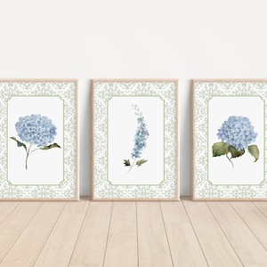 3-Set Blue Hydrangea Prints, Blue Hydrangea Wall Art, Hydrangea Painting, Chinoiserie Wall Art, Preppy Stuff,Modern Southern Floral Wall Art
