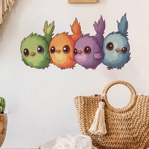 Calcomanía de pared de pájaros de dibujos animados coloridos: adorables pegatinas de vinilo de pájaros arcoíris para habitación infantil, guardería, dormitorio de bebé, arte mural de animales extraíble.