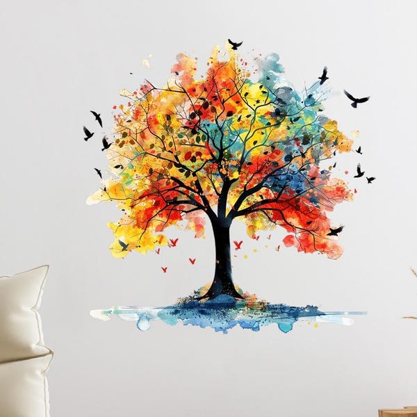 Watercolor Tree Wall Decal: Colorful Vinyl Mural, Removable Nature Art