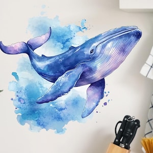 Watercolor Whale Wall Decal (28x26cm)– Ocean Animal Vinyl Sticker for Bathroom, Kids Room, or Home Decor