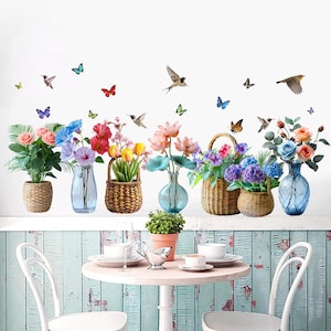 Wandtattoo Blumenvase: Bunte Blumen, Schmetterlinge & Vögel