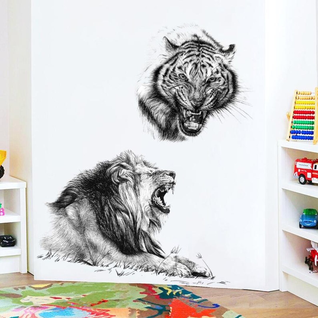 Fierce Lion Tiger Wall Decal – Black White Jungle Animal Sticker ...
