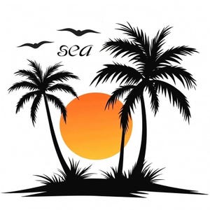 Tropical Palm Tree Wall Decal - Sunset Beach Vinyl Sticker | Coastal Bathroom Decor | Removable Toilet Lid & Wall Sticker | Ocean Sunset Art