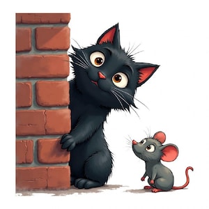Cute Cat and Mouse Wall Decal – Funny Peek Design for Kids Room, Door, Hallway or Stairs – Removable Vinyl Animal Sticker – 29.5x29.5cm