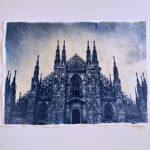 Cyanotype Print: Milan Cathedral, Handmade Indigo Architectural Art (21x30 cm)