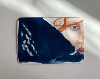 Original Cyanotypie Aquarell Portrait Collage: Sonnendruck Postkarte