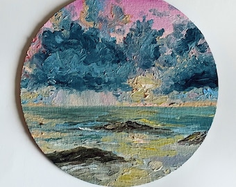 Peinture à l'huile, tableau rond, peinture de marine, paysage