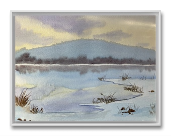 Dipinto ad acquerello di montagna invernale: opera d'arte originale, paesaggio rurale (20,9 cm)