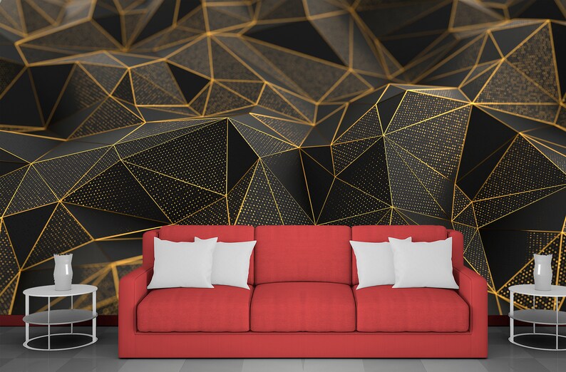 Black and Gold Wallpaper Abstract Wall Mural Geometric Wallpaper Gold Lines Wallpaper Gold Peel
