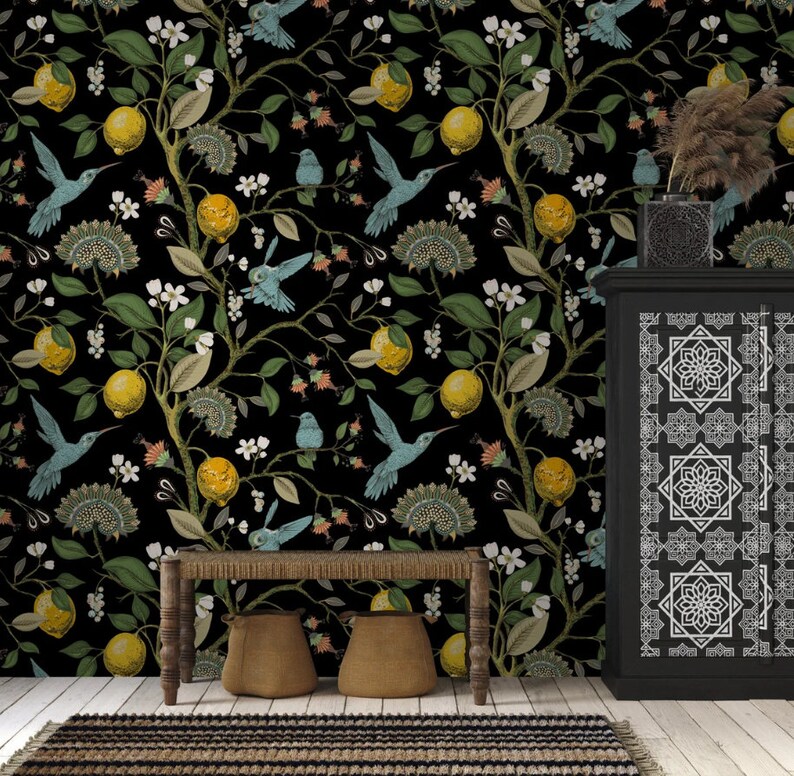 Amalfi Coast Lemon Tree Watercolor Wallpaper, Vintage Floral Wall Mural