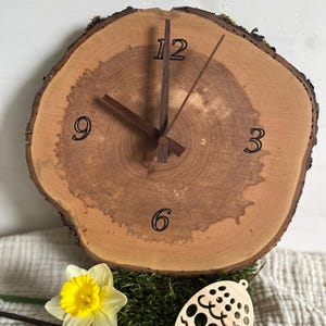 Könnte beinhalten: Eine runde Holzuhr aus einem Baumstamm, mit dunkelbraunen Zeigern und schwarzen Ziffern. Die Uhr ist mit einer gelben Narzisse, grünem Moos und einem hölzernen Osterei-Ornament verziert. Der Durchmesser der Uhr beträgt ca. 25 cm.