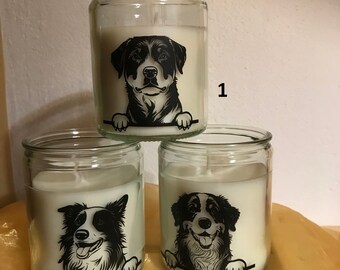 Kerze im Glas mit Hunde Köpfen verschiedener Rassen verschönert, Hundeliebhaber - innen, Geschenk, Dekoration, Windlicht für Hundemädchen