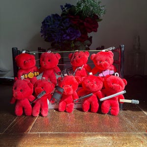 Puede incluir: Una colección de nueve pequeños llaveros de osos de peluche rojos dispuestos dentro de un ring de lucha libre negro en miniatura. Cada oso presenta un accesorio único, incluyendo un cinturón de campeón, una silla plegable y un bate de béisbol.