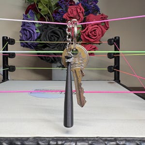 May include: A key ring with two keys and a black, cone-shaped charm. One key has the word "SEO" and the word "etreture" printed on it. The key ring hangs in front of a wrestling ring model with pink, yellow, and green ropes.