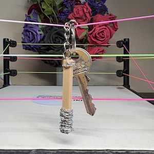 May include: A key with the word "SEO" and "ettature" printed on it, attached to a keychain. The key is paired with a light brown rectangular object wrapped with silver wire. The background includes a wrestling ring and a bouquet of flowers.