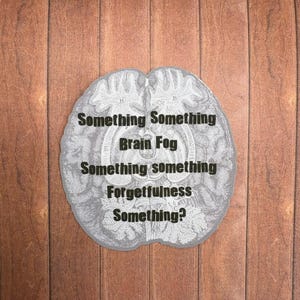 Pode incluir: Um autocolante cinzento com uma ilustração anatómica detalhada de um cérebro humano com o texto preto Something Something Brain Fog Something something Forgetfulness Something? impresso no centro da imagem do cérebro.