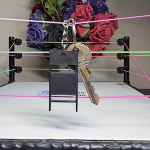 Könnte beinhalten: Ein schwarzer Miniatur-Stuhl-Schlüsselanhänger mit einem Schlüssel, vor dem Hintergrund eines Wrestling-Rings. Der Schlüssel trägt das Wort "EO". Der Hintergrund umfasst einen Rosenstrauß.