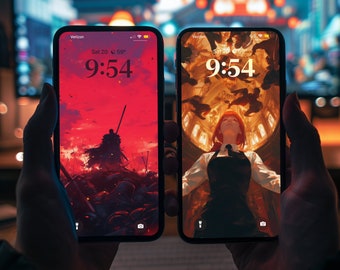 May include: Two smartphone screens displaying different digital clock faces. The left screen shows a red and black digital clock face with the time 9:54 and the text "Sat 20 6:59". The right screen shows a yellow and black digital clock face with the time 9:54 and the text "Sat 20 6:59".