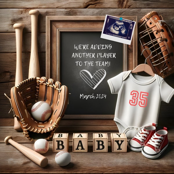 Anuncio de embarazo de béisbol Deportes digitales Bebé Anuncio Género Neutral Niña Niño Instagram Redes Sociales Plantilla editable Personalizable