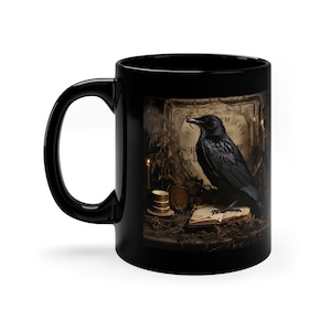 Gothic Elegance: Raven&#39;s Reverie Mug; 11oz Black Mug, gift for readers