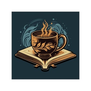 May include: A brown and gold ceramic mug with a floral design sits on top of an open book with a cream-colored cover. The mug is filled with a brown liquid and steam is rising from it.