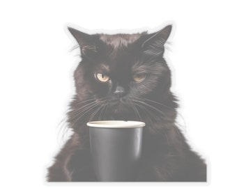 May include: A black cat with a serious expression holds a black paper cup with a white rim. The cat is looking directly at the camera.