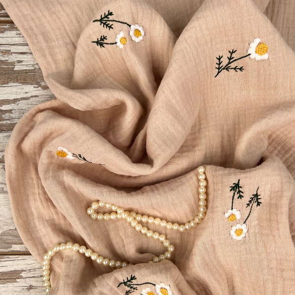 À partir de 50 cm Mousseline de soie brodée de fleurs de marguerite, Tissu en coton de qualité supérieure, Broderie double gaze de mousseline froissée