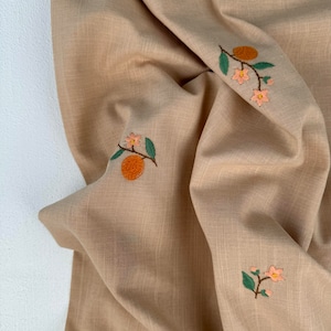 From 50cm Orange Embroidered Cotton Linen Fabric, Premium Quality Cotton Fabric, Embroidery Cotton Linen Fabric