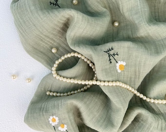 À partir de 50 cm Mousseline de coton brodée de fleurs de marguerites vertes, Tissu en coton de qualité supérieure, Tissu double gaze de mousseline à broder