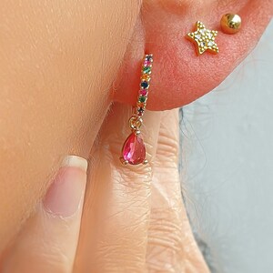 Ruby Tears • Gold Ruby Hoops • Huggie earrings • Gold Earrings • Rainbow Earrings • Gift for Her • Minimalist Dainty Love