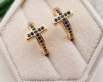 Beautiful Black Cross Earrings • Black Obsidians Gold Earrings • Pure Elegance and Beauty • Perfect Gift for Her