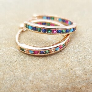 2PCS - Single Row Rainbow Gold Huggie Earrings • Colorful CZ Hoop Earrings • Minimalist Gold Hoops • Tiny Rainbow Earrings Gift for Her