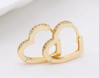 Cute Heart Gold Earrings, Very Beautiful Gold Plated and CZ Diamonds Hoop Earrings, Perfect Gift For Her, Love Earrings