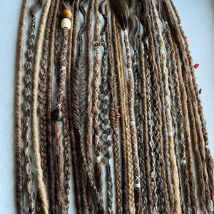 This set is Mix different styles THIN braids and dreads beige,brown,black,blond.This set can be Double ended dreads(DE)or Single ended dreads(SE)variation.This kit of dreads made by Synthetic hair - Kanekalon. The material is light & absolutely safe